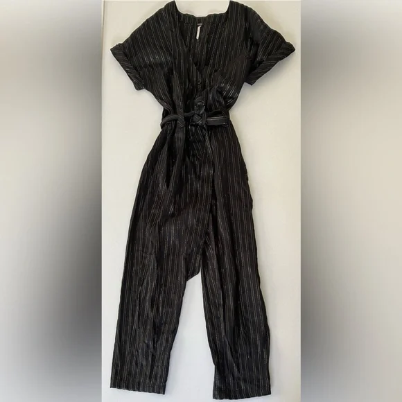 Free People Black Lurex Gold Pinstripe Jumpsuit - Picture 3 of 15